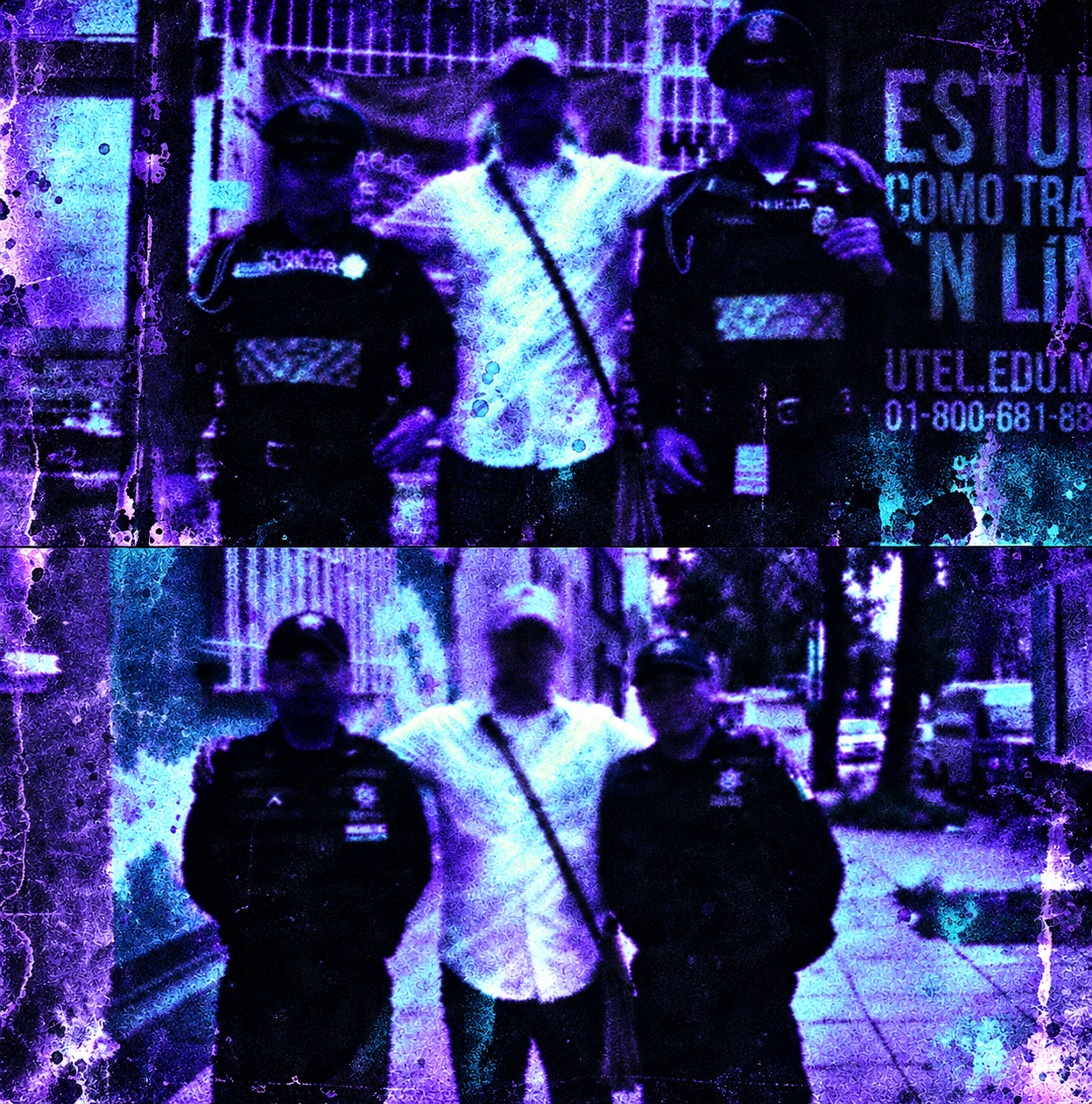 Two ultraviolet-toned street photographs of Esteban Oloarte with police officers